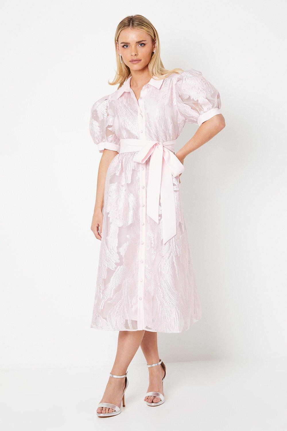 Petite Puff Sleeve Jacquard Shirt Dress - Pink