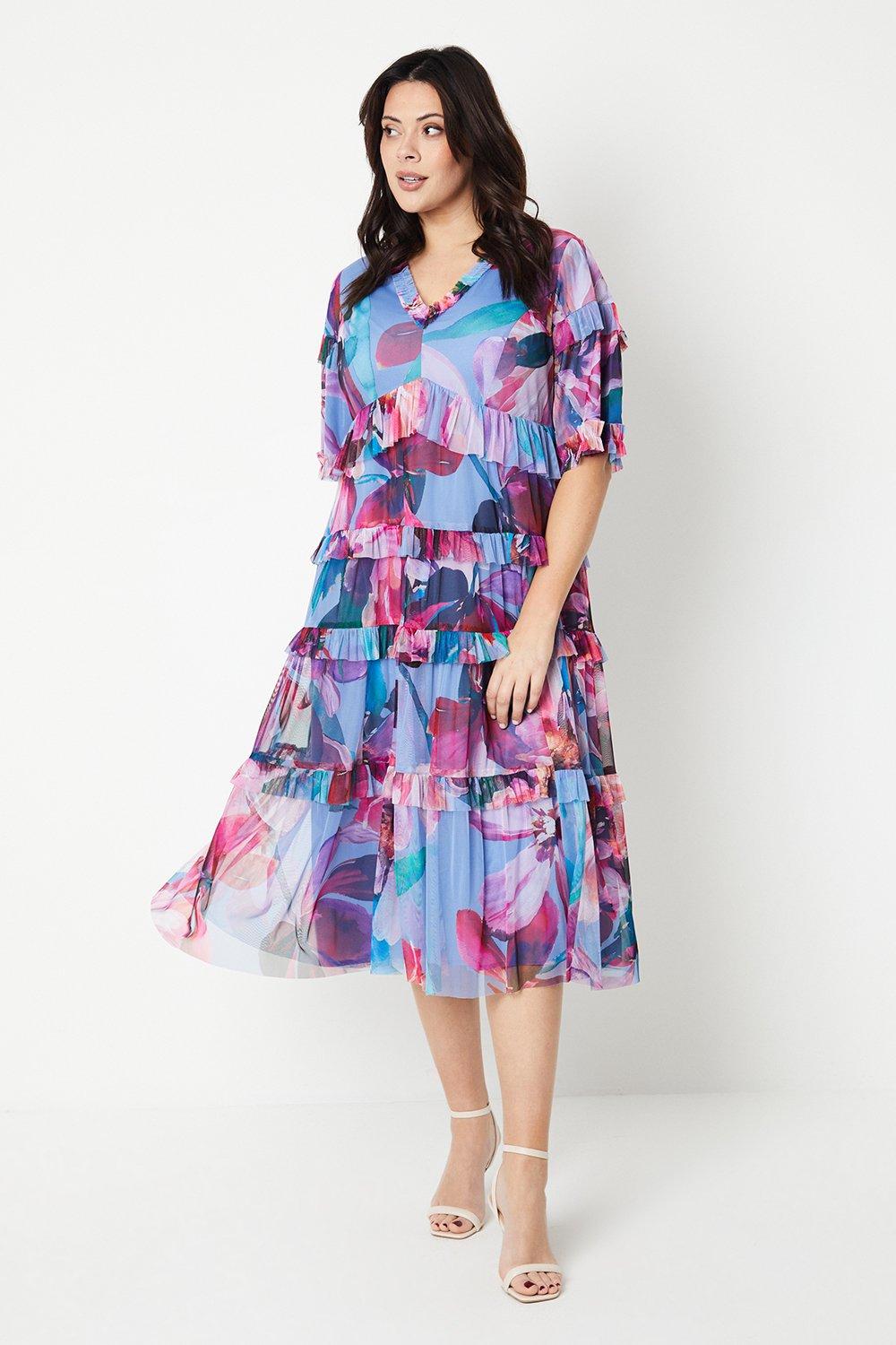 Plus V Neck Tiered Mesh Midi Dress In Floral Print - Blue