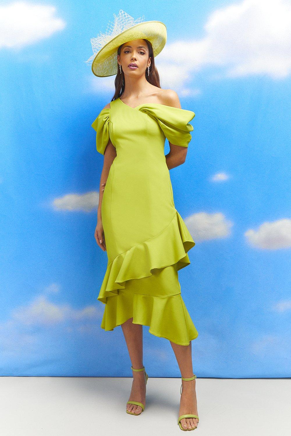 Lisa Tan Bardot Detail Ruffle Skirt Crepe Midi Dress - Green