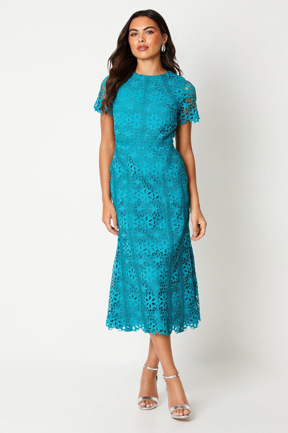 Geo Lace Midi Dress With Angled Trims - Turquoise