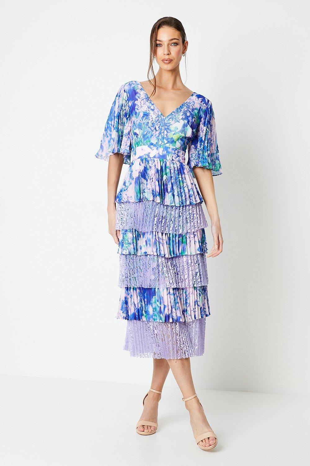Lace Panelled Pleated Mix Midi Dress - Lilac