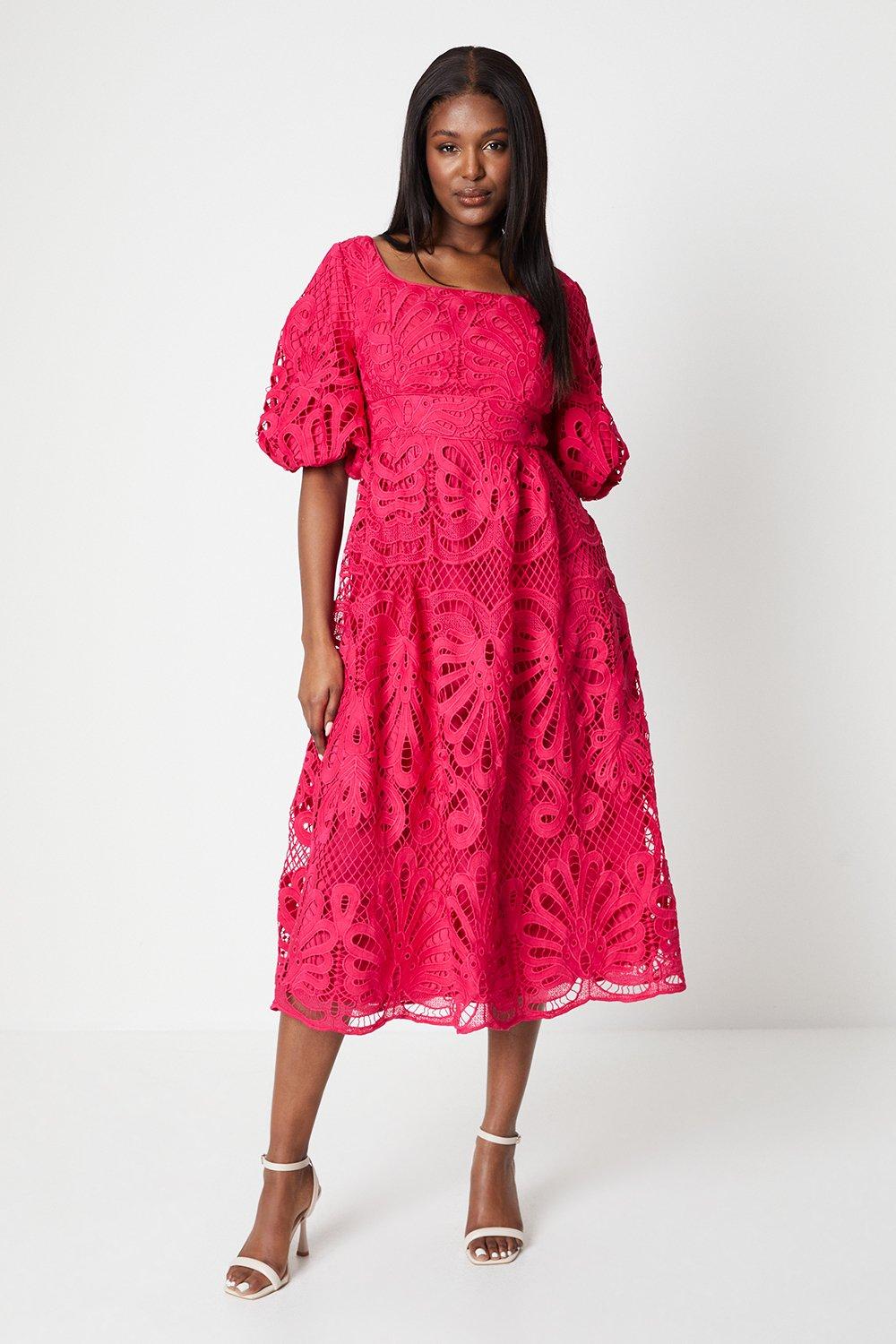 Scoop Neck Piped Lace Midi Dress - Pink