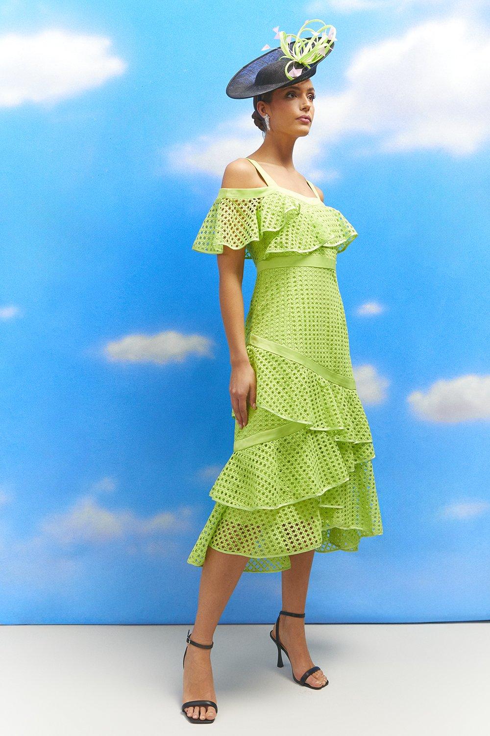 Lisa Tan Lace Bardot Frill Tiered Midi Dress - Green