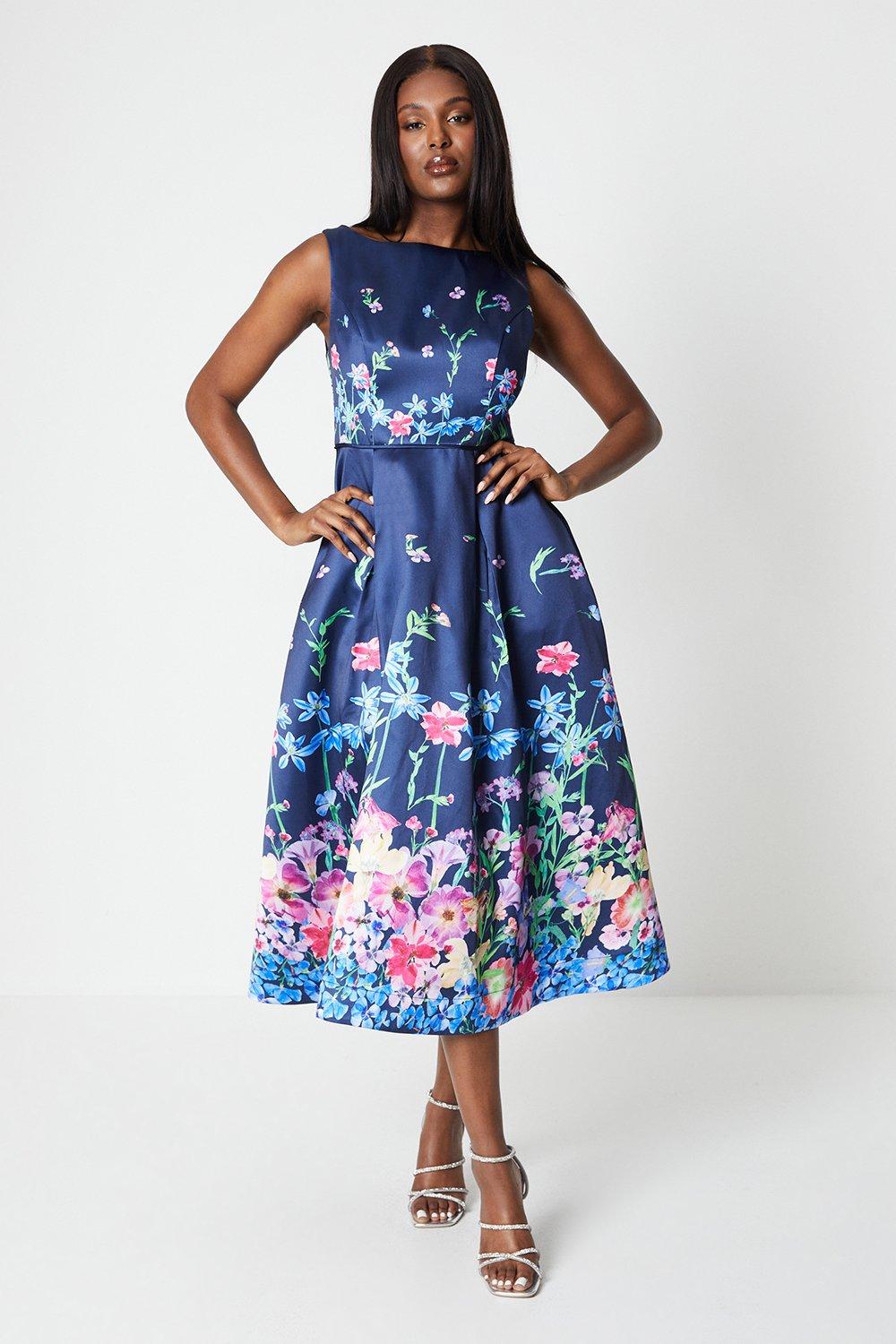 Floral Placement Twill Midi Dress - Navy