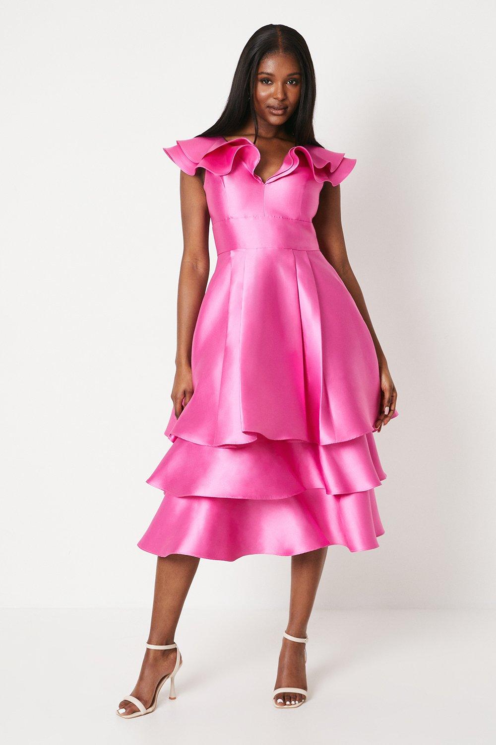 Ruffle Detail Tiered Skirt Twill Midi Dress - Pink