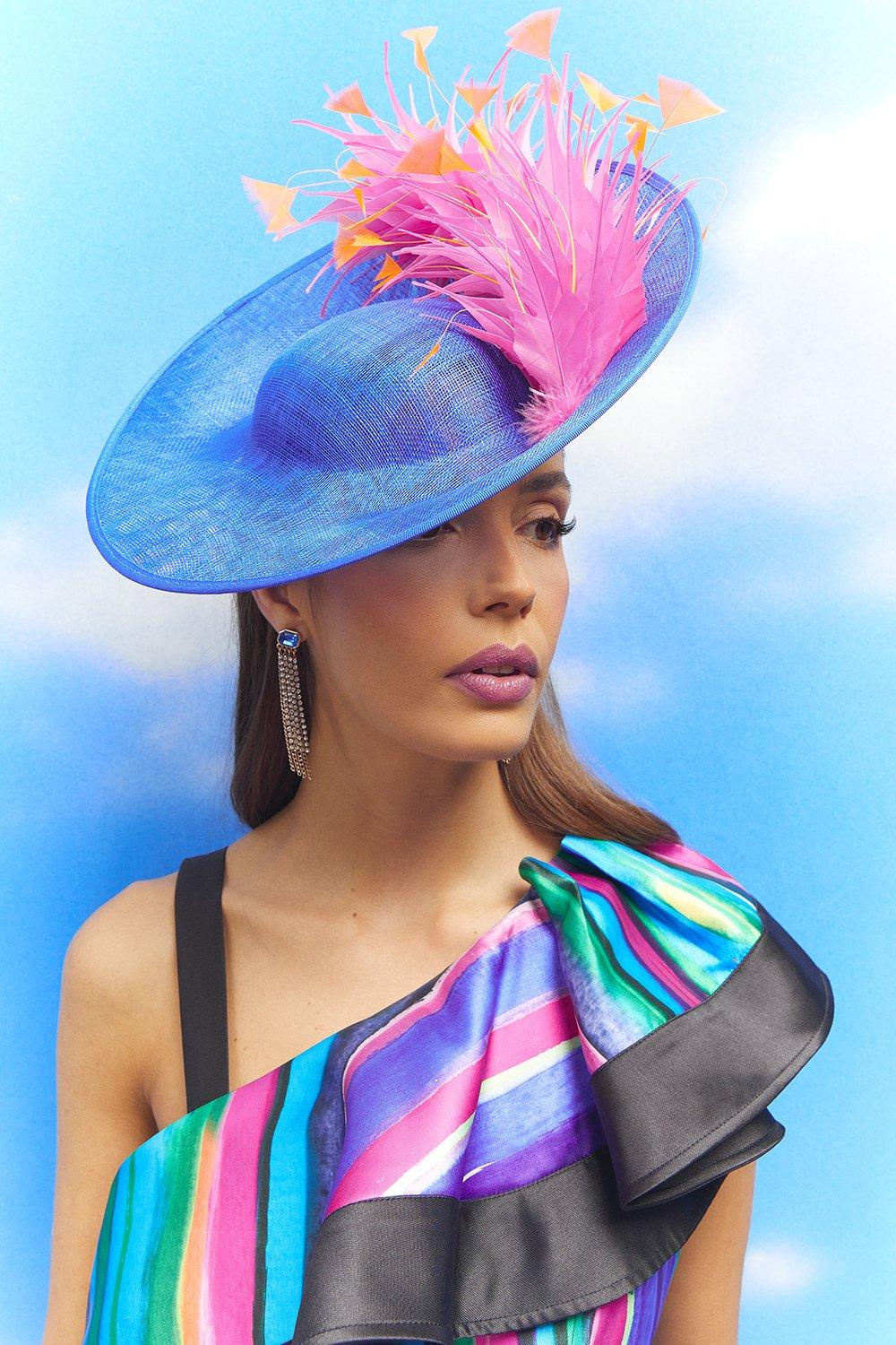 Lisa Tan Contrast Feather Detail Side Facing Hat - Blue