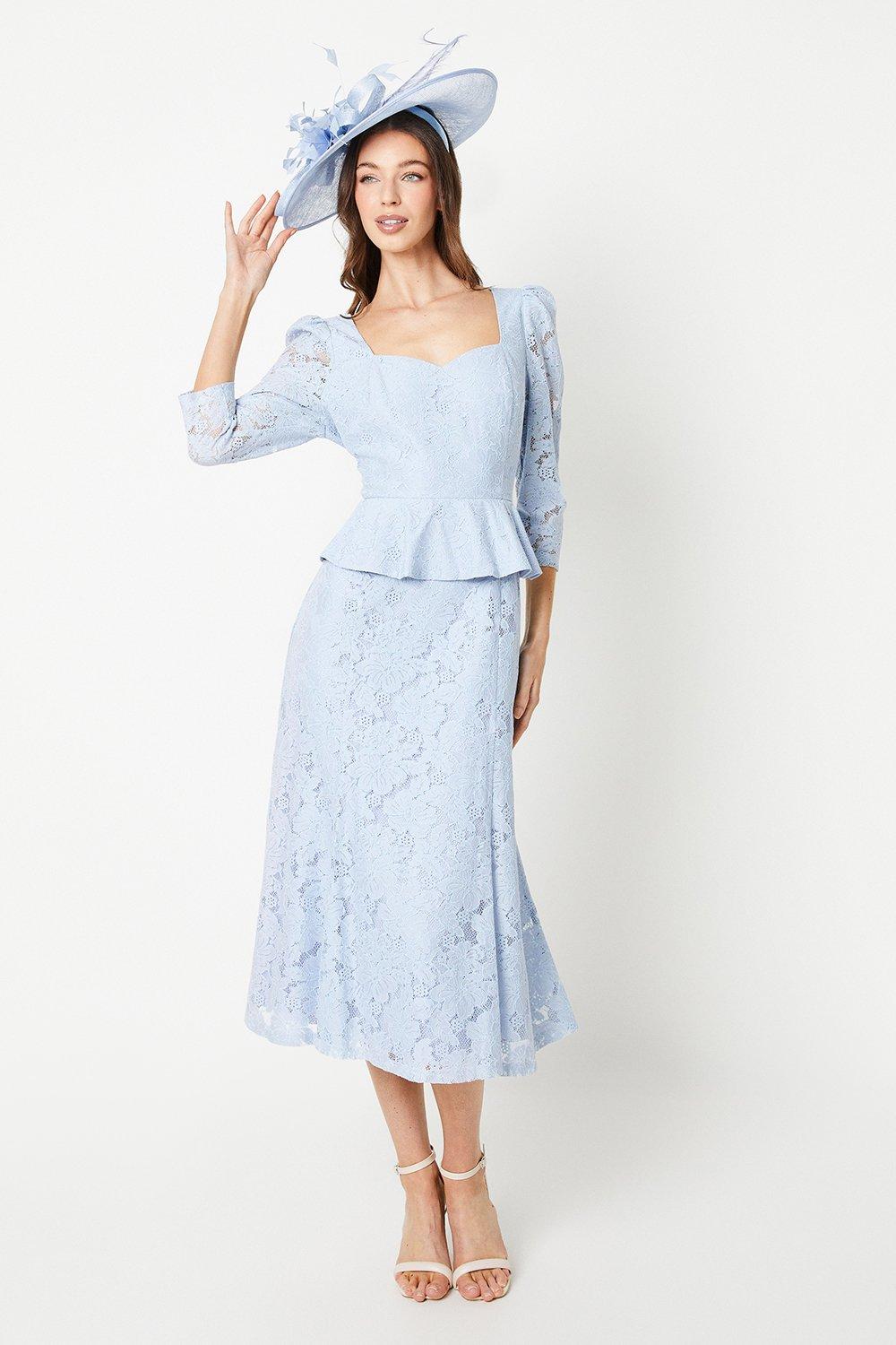 Lace Long Sleeve Belted Midi Dress - Blue
