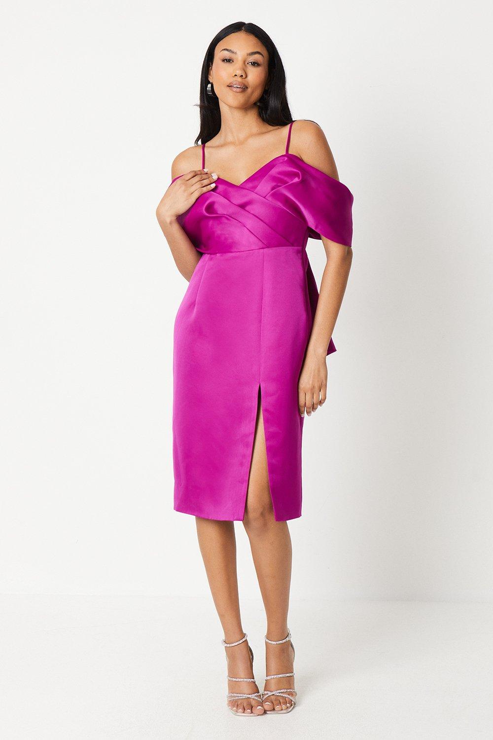 Satin Bardot Bow Back Pencil Dress - Pink