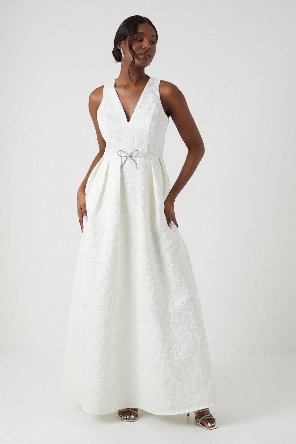 Jacquard Diamante Bow Wedding Dress - Ivory