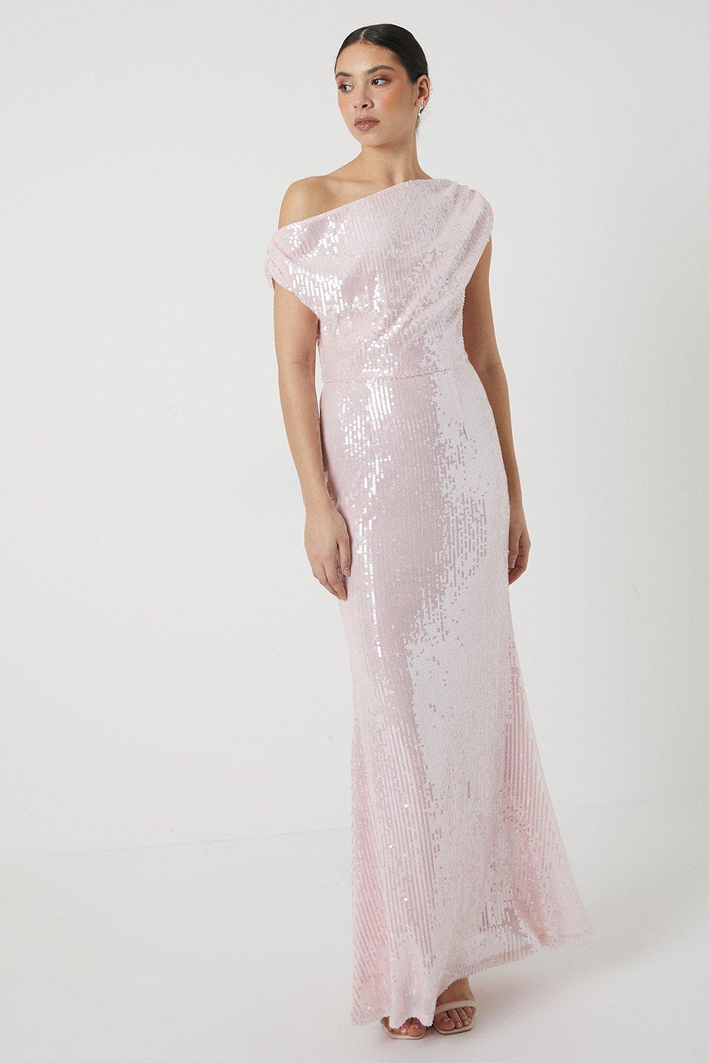 Sheer Sequin Fallen Shoulder Bridesmaid Dress - Pink