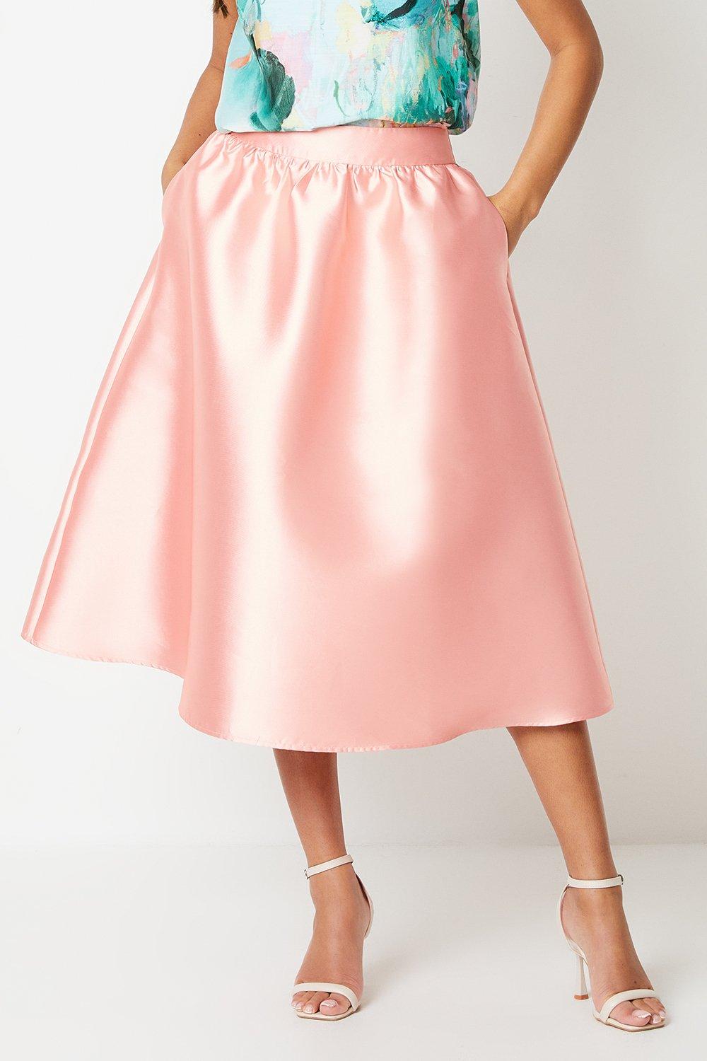 Satin Twill Full Midi Skirt - Pink