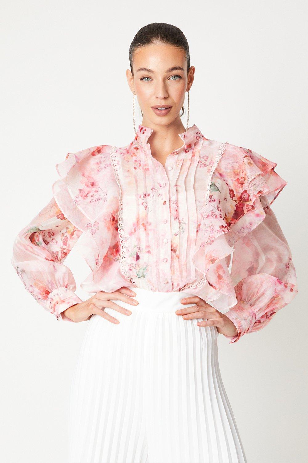 Printed Pintuck Ruffle Blouse With Volume Sleeve - Pink