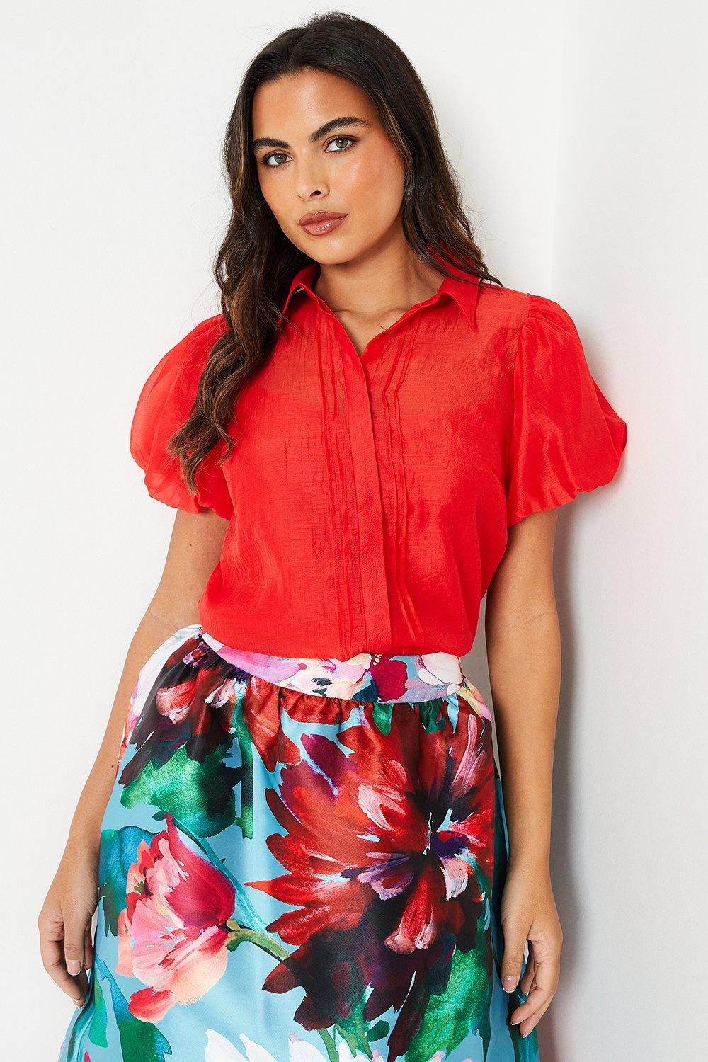 Pintuck Puff Sleeve Blouse - Red