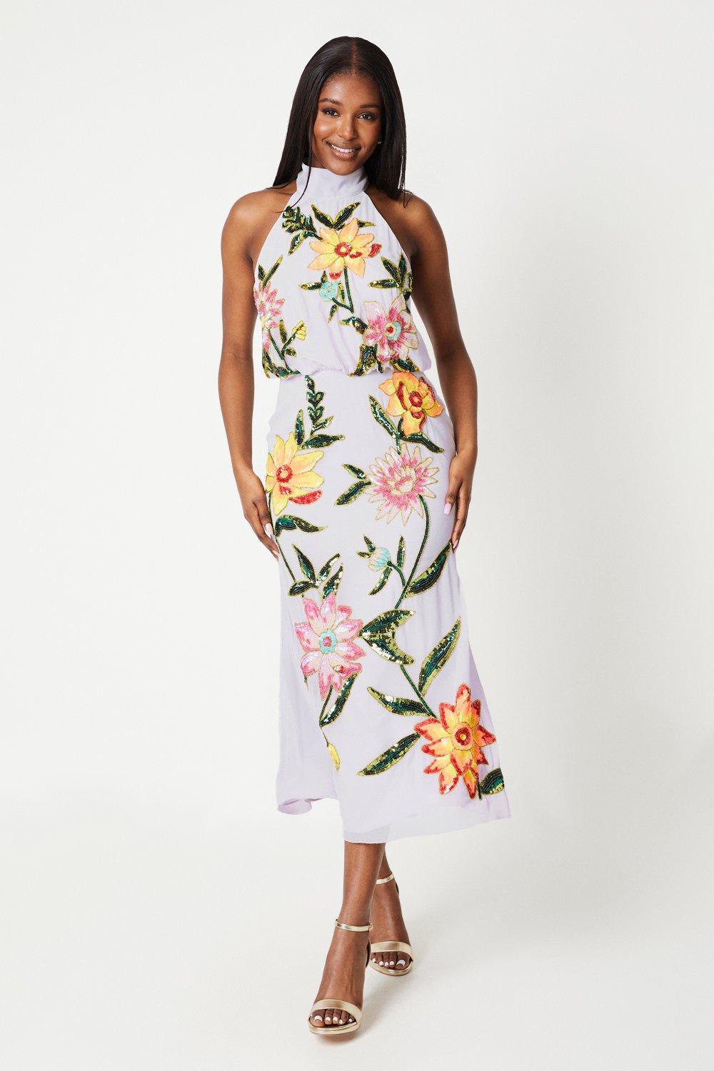 High Neck Midi Dress With Floral Embellishment - Lilac