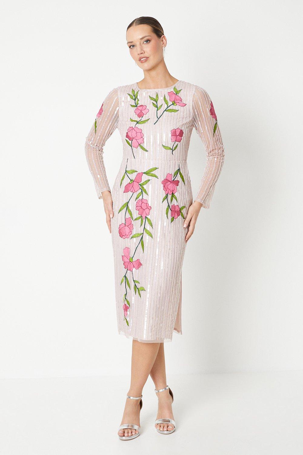 Sequin Embroidered Long Sleeve Column Dress - Pink