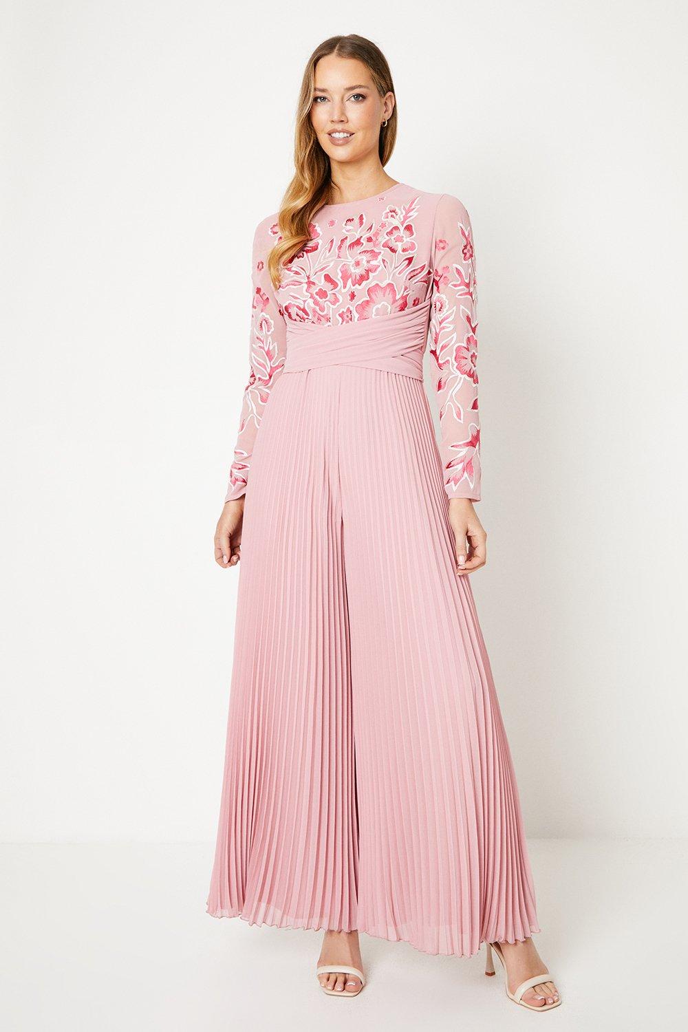 Embroidered Bodice Pleated Leg Jumpsuit - Pink