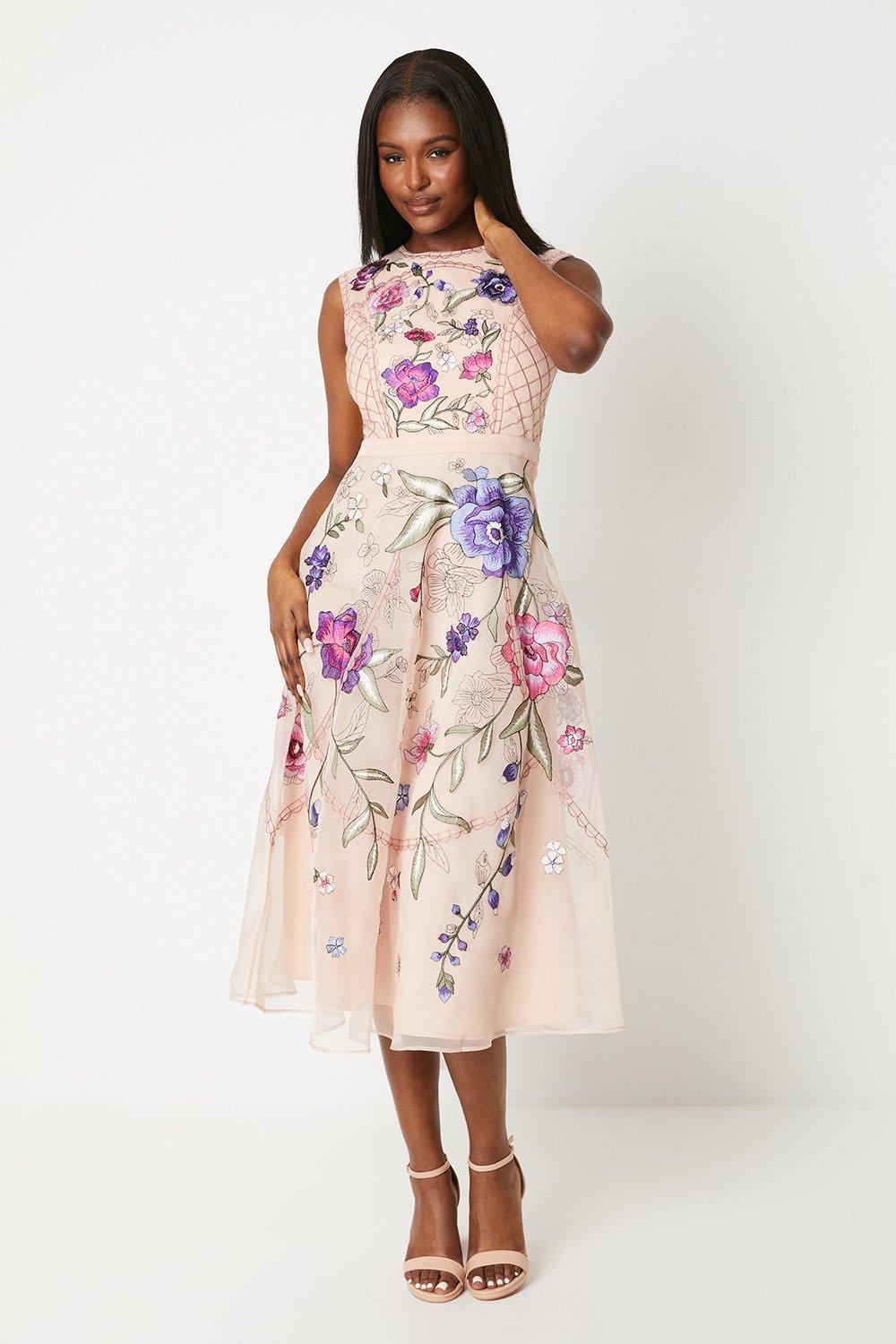 Premium Floral Embroidered Midi Dress - Pink