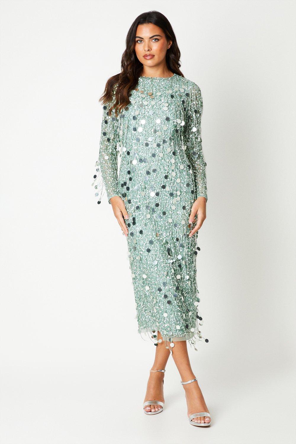 Premium Embellished Fringe And Disc Sequin Column Dress - Mint