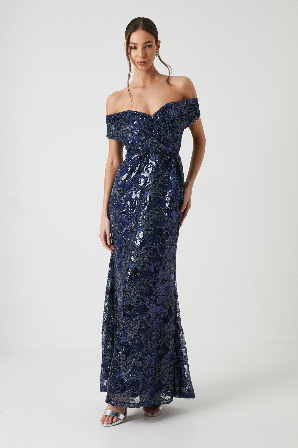 Floral Mesh Bardot Gown - Navy