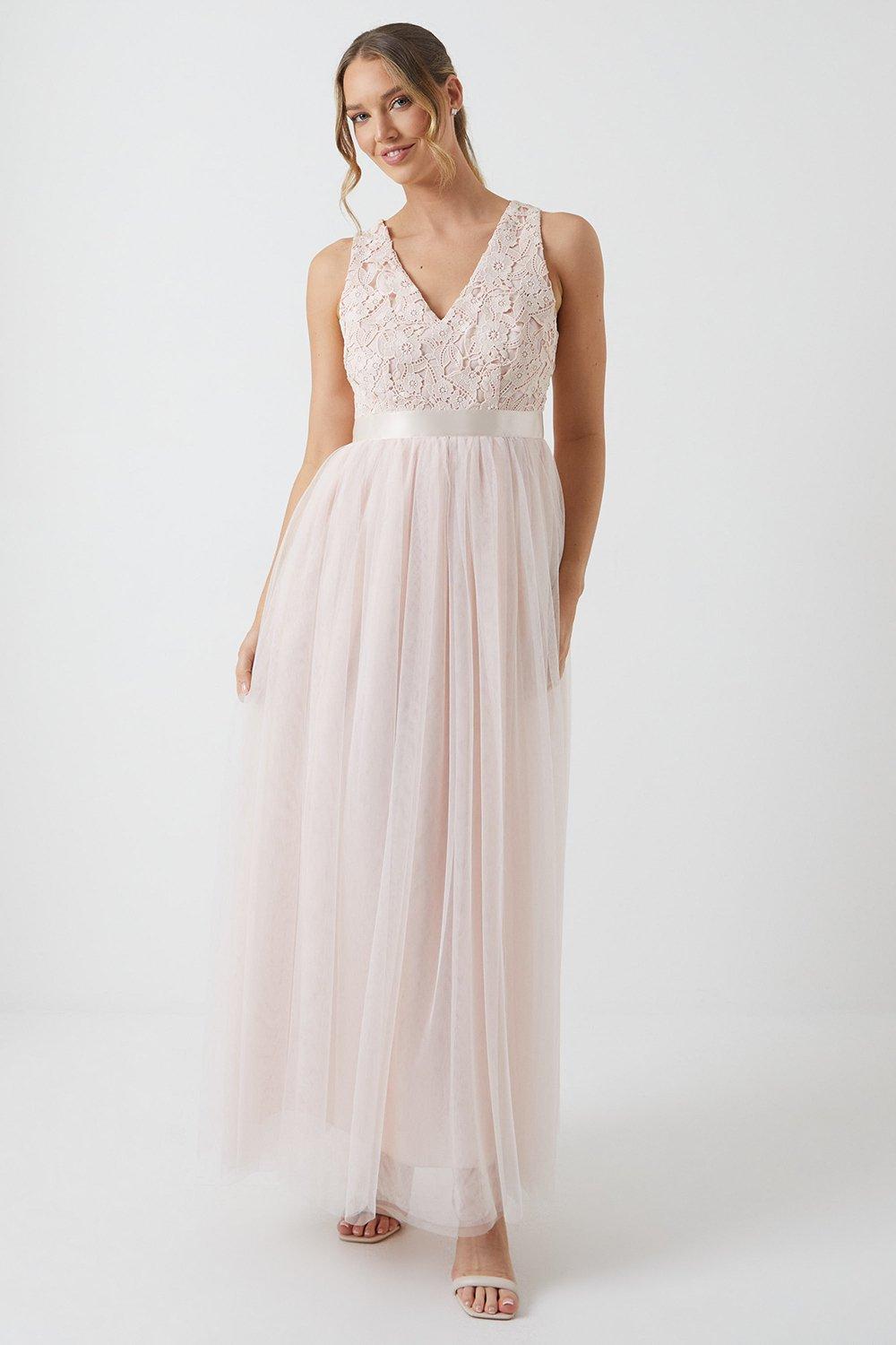 Crochet Lace Two In One Bridesmaids Maxi Dress - Pink