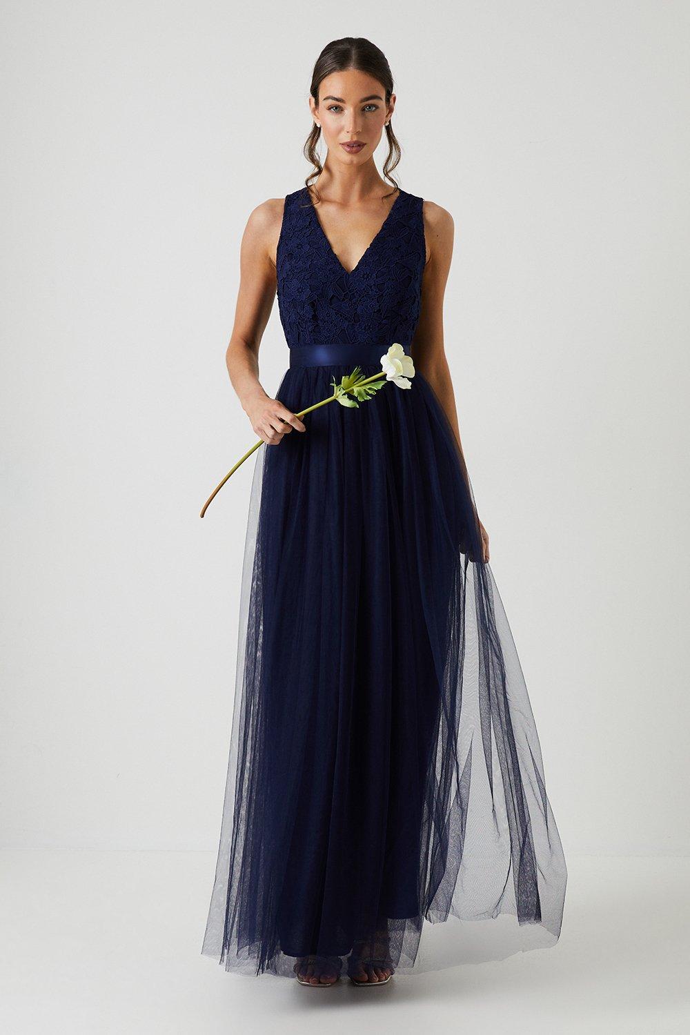Crochet Lace Two In One Bridesmaids Maxi Dress - Navy