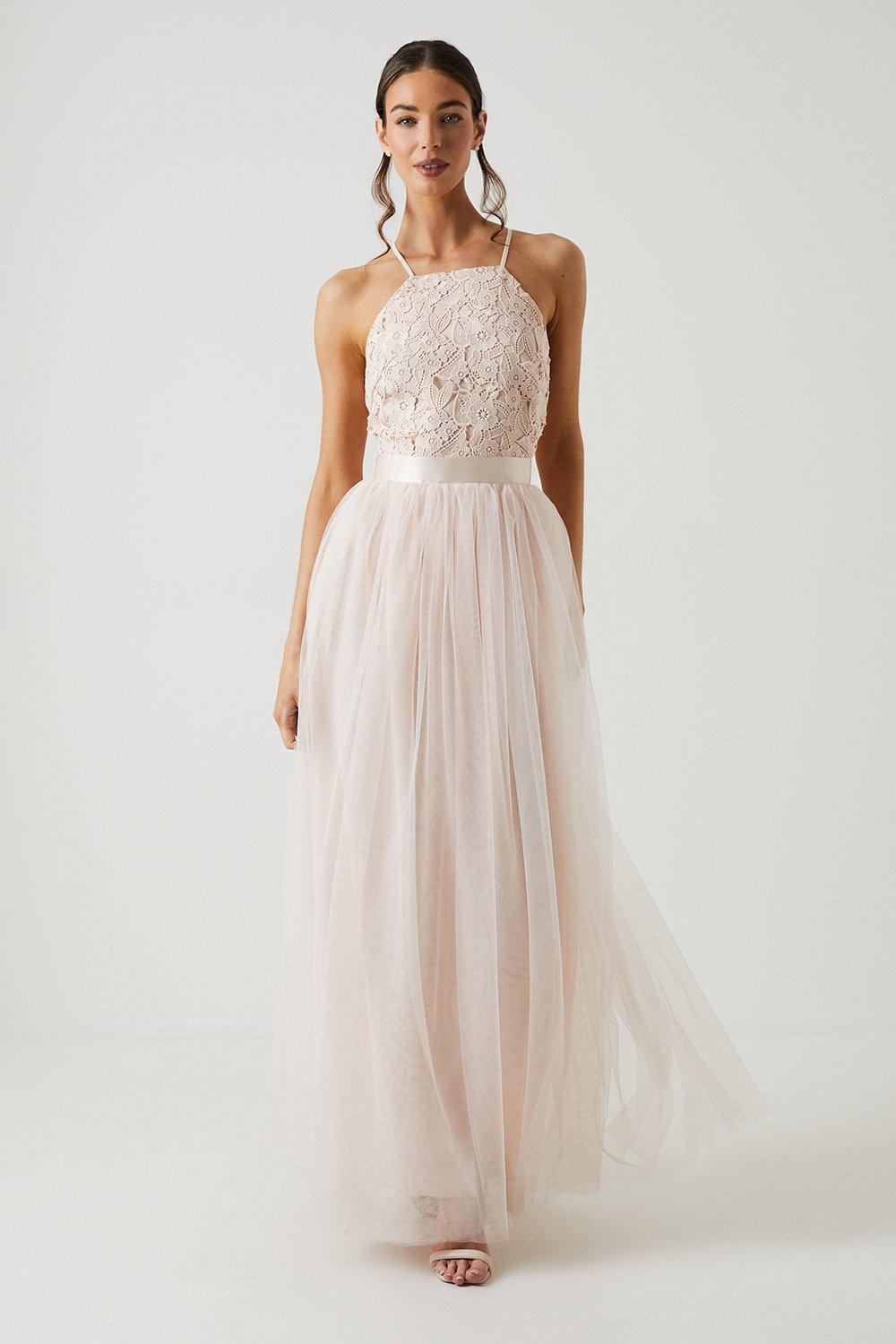 Crochet Lace Square Neck Two In One Bridesmaids Maxi Dress - Pink