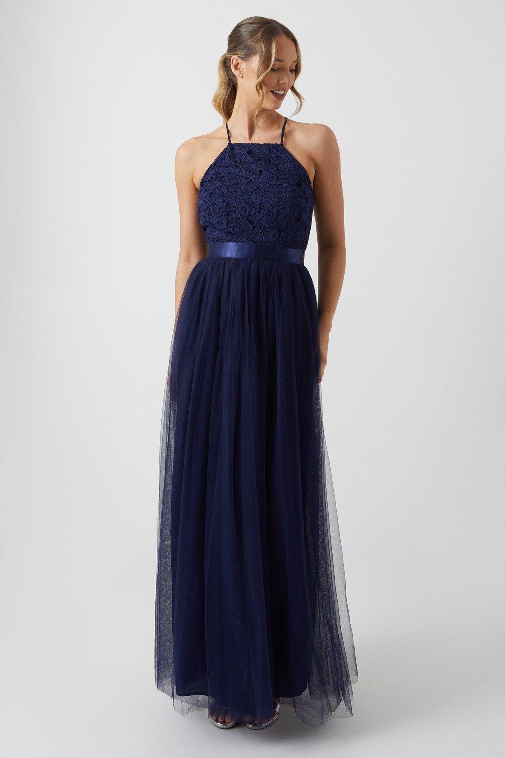 Crochet Lace Square Neck Two In One Bridesmaids Maxi Dress - Navy