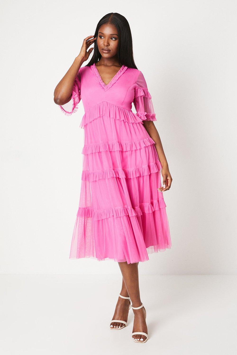 Mesh Ruffle Midi Dress - Pink