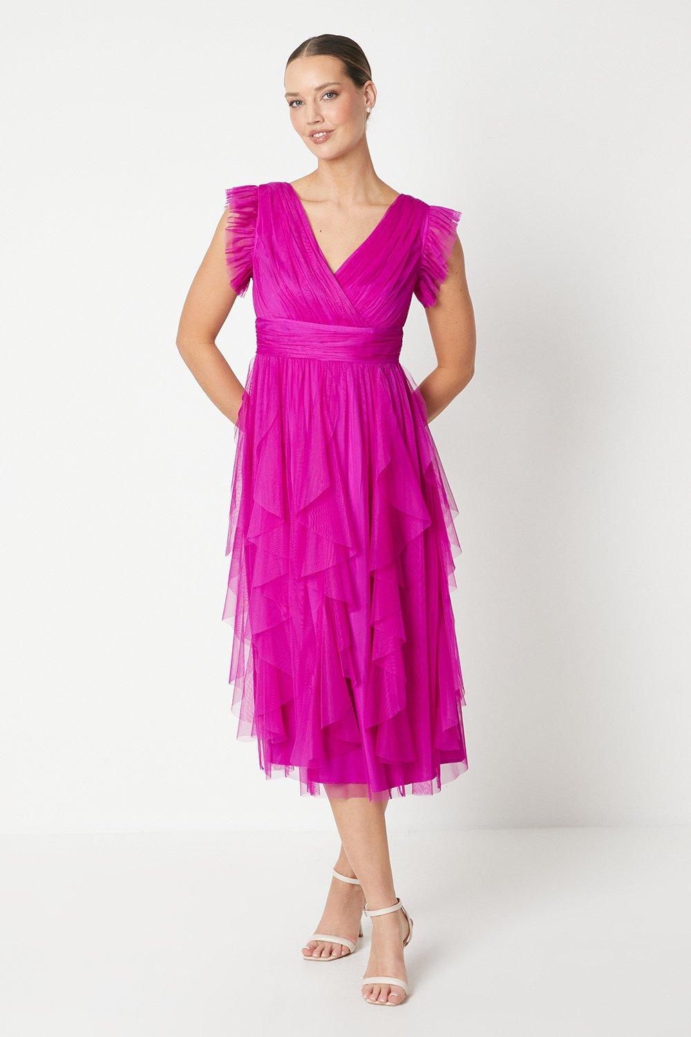 Ruffle Skirt Mesh Midi Dress - Purple