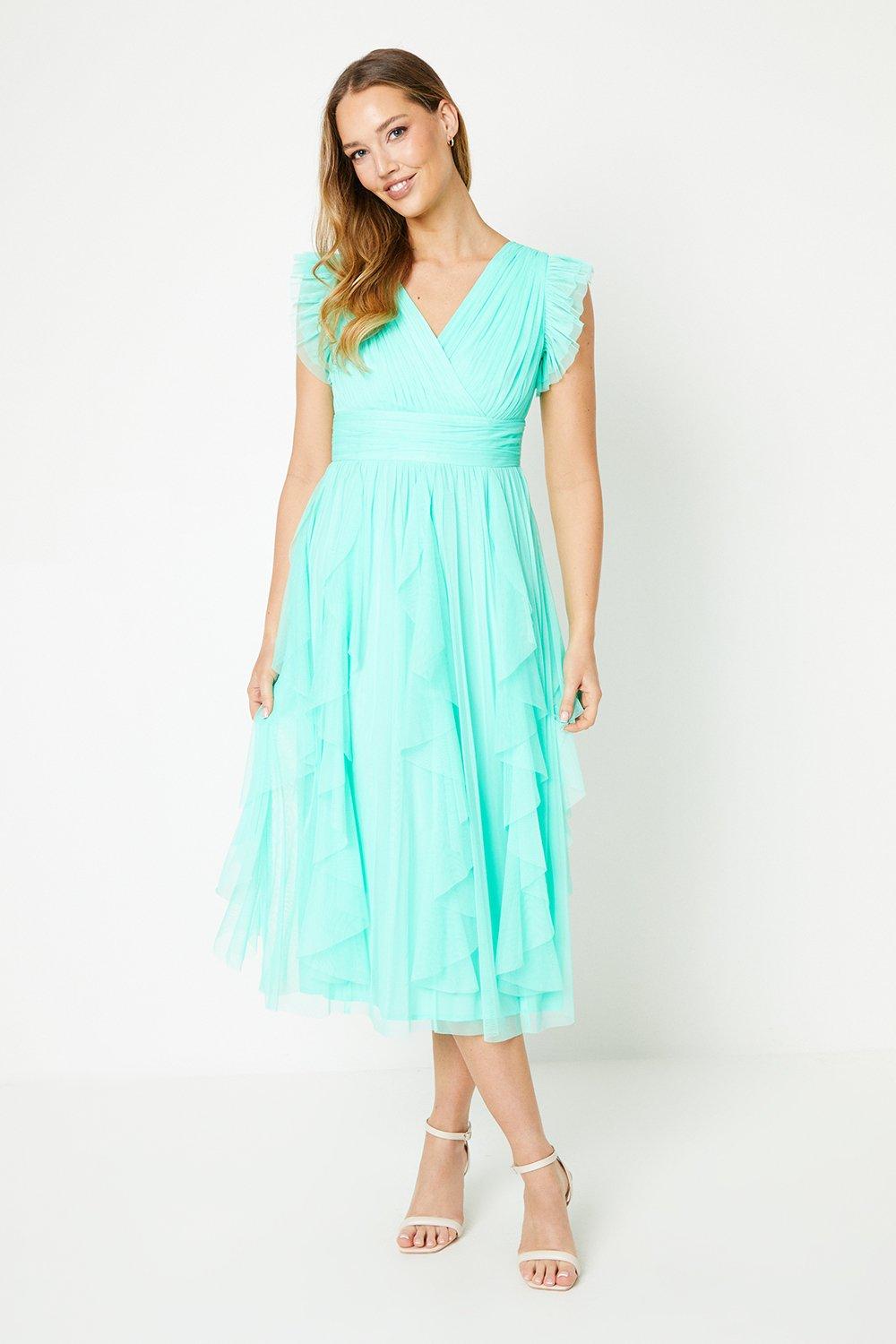 Ruffle Skirt Mesh Midi Dress - Turquoise