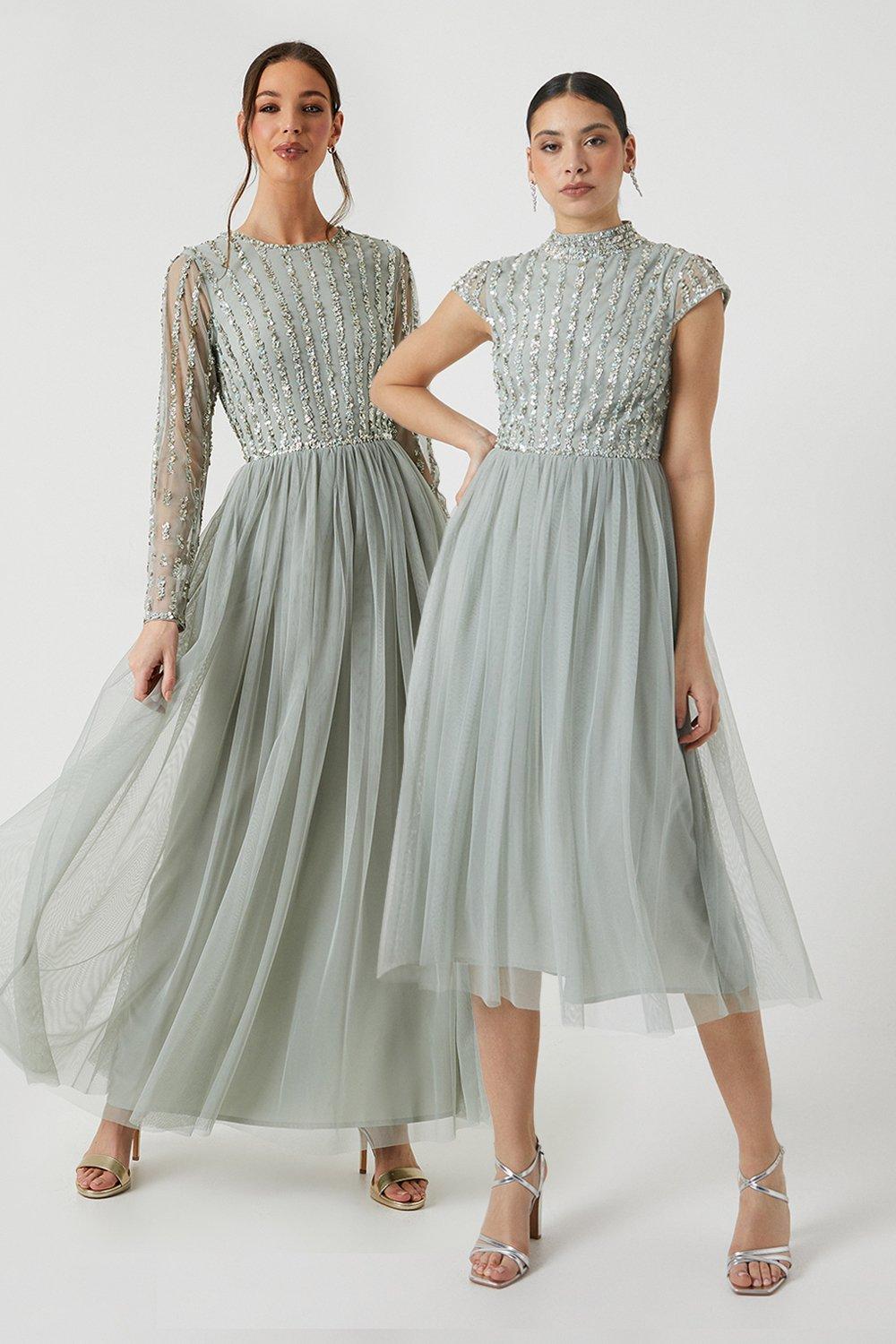 Linear Embellished Cap Sleeve Bridesmaids Dress - Sage