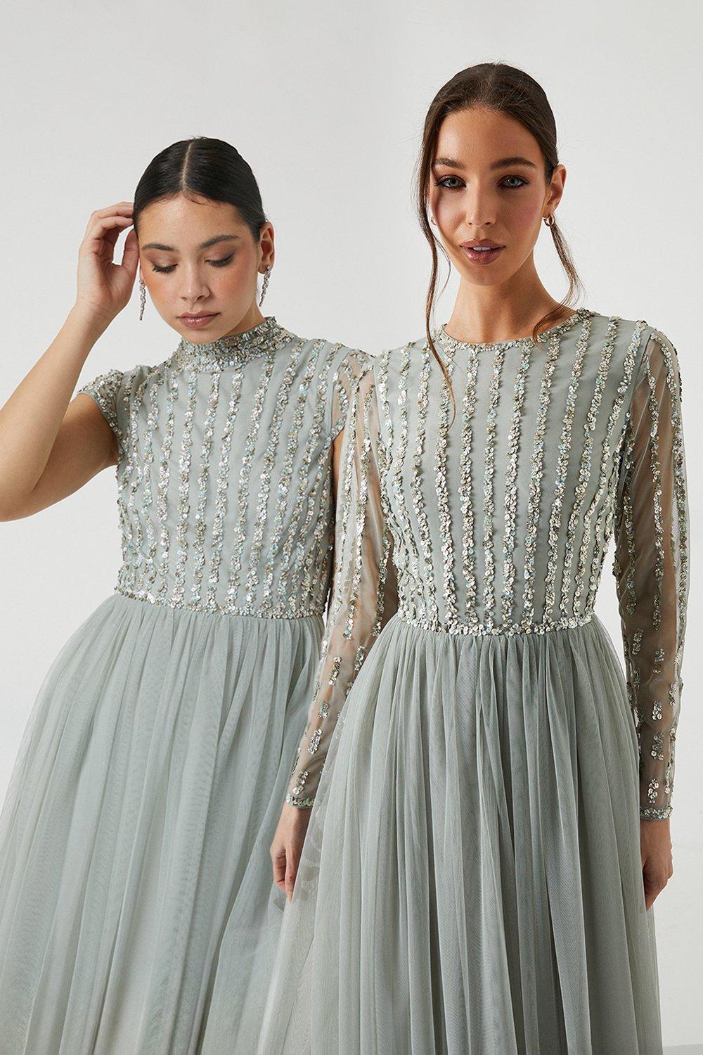 Linear Embellished Long Sleeve Bridesmaids Dress - Sage