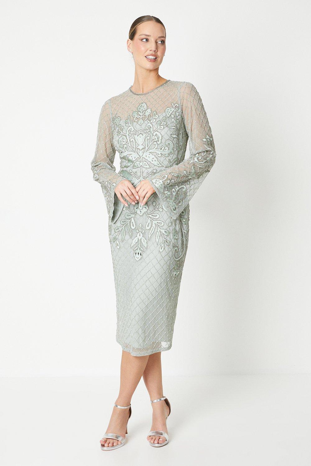 Hand Embellished And Embroidered Midi Dress - Sage