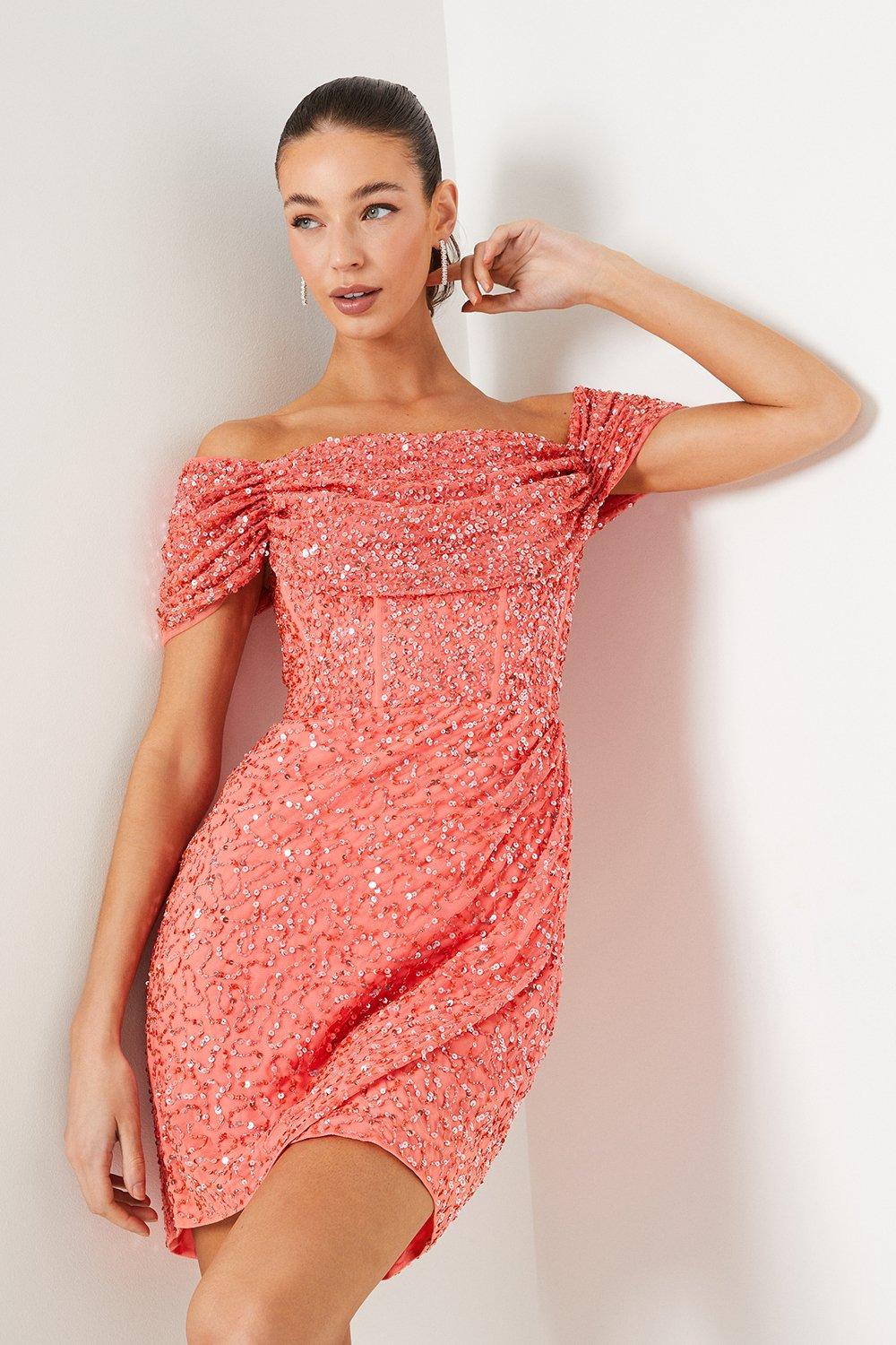 Hand Embellished Corset Bodice Bardot Mini Dress - Pink