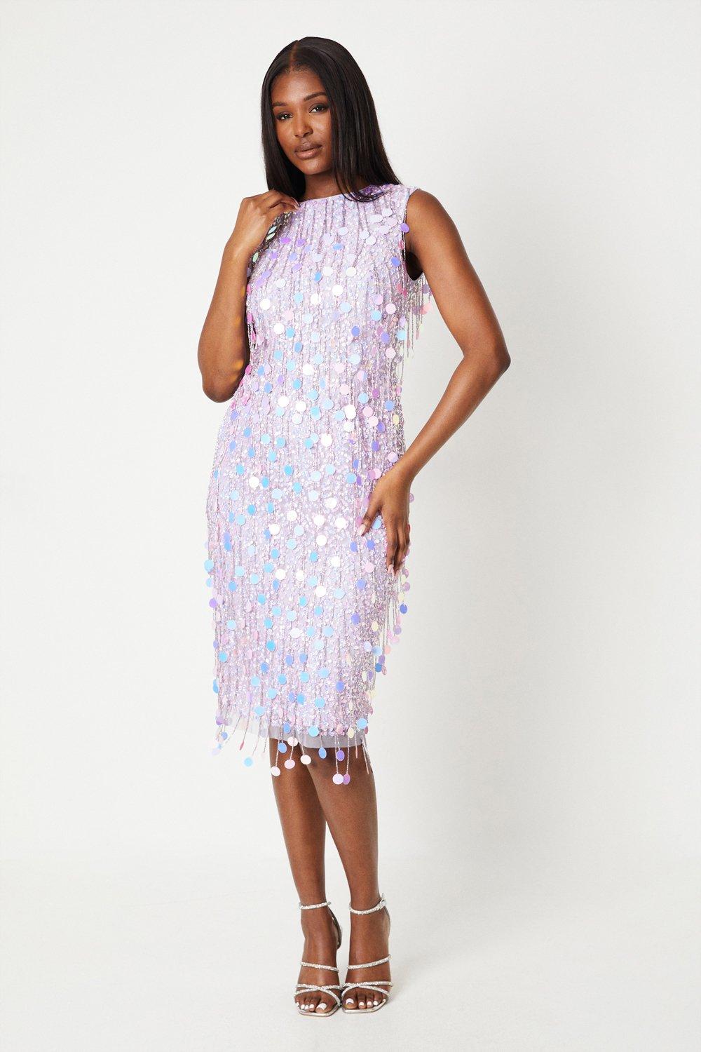 Embellished Fringe Midi Dress - Lilac