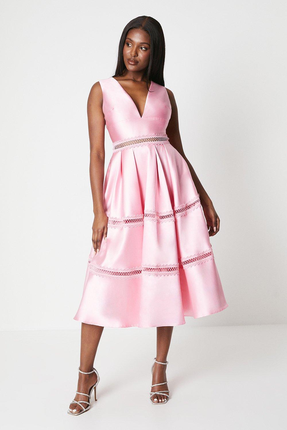 Plunge Neck Twill Midi Dress With Lace Trims - Pink