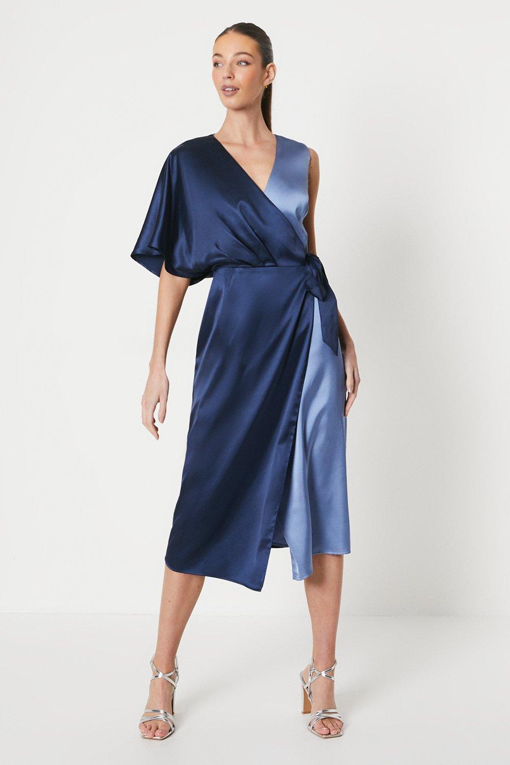 One Sleeve Satin Wrap Dress - Blue