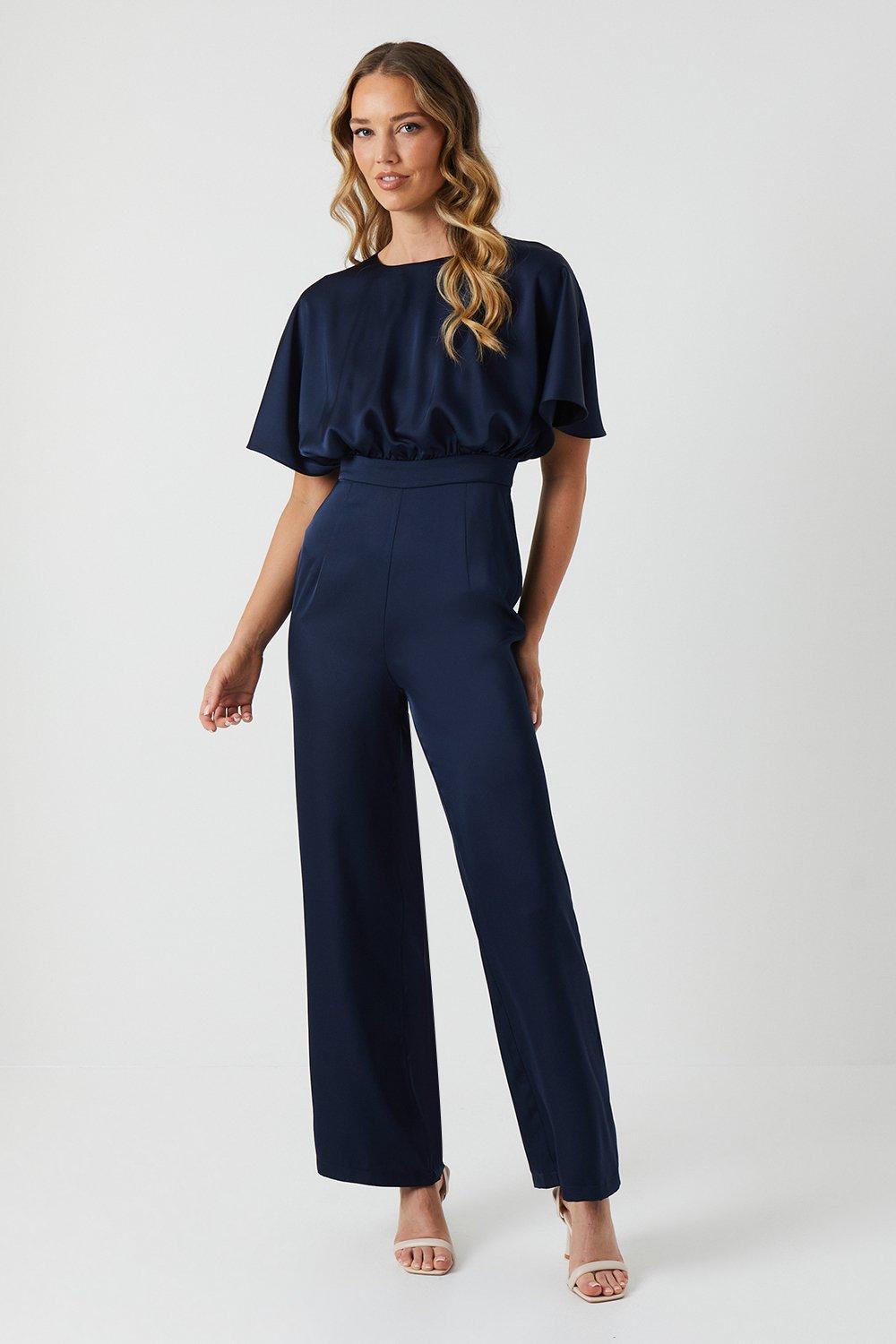 Cape Top Satin Bridesmaids Jumpsuit - Navy