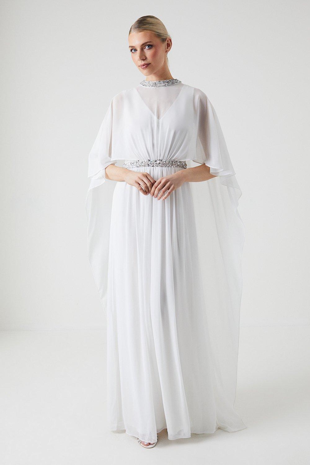 Cape Detail Chiffon Wedding Dress - Ivory