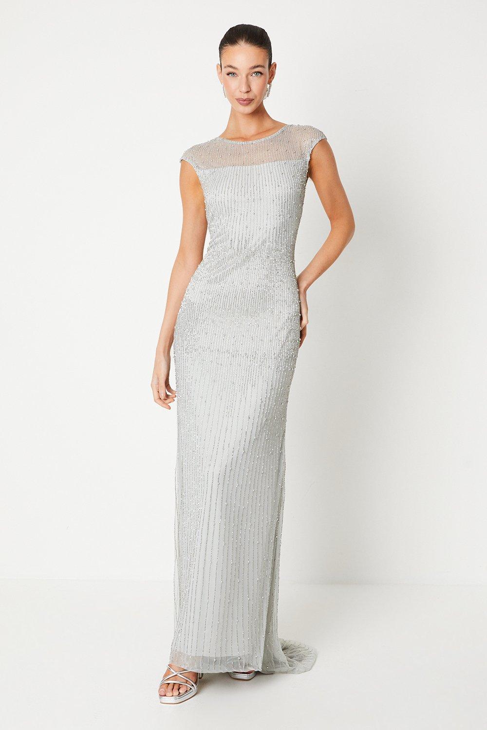 Linear Scuplting Beaded Gown - Silver