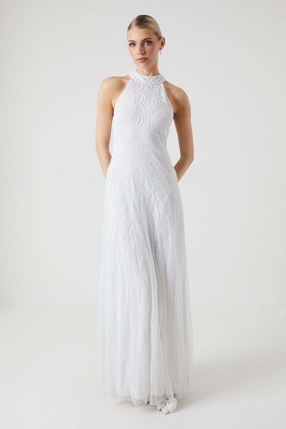 Halterneck Embellished Maxi Wedding Dress - Ivory