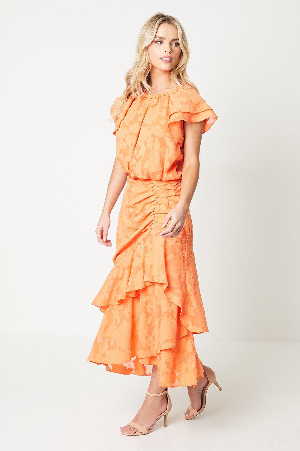 Petite Ruffle Skirt Maxi Dress In Goergette Jacquard - Orange