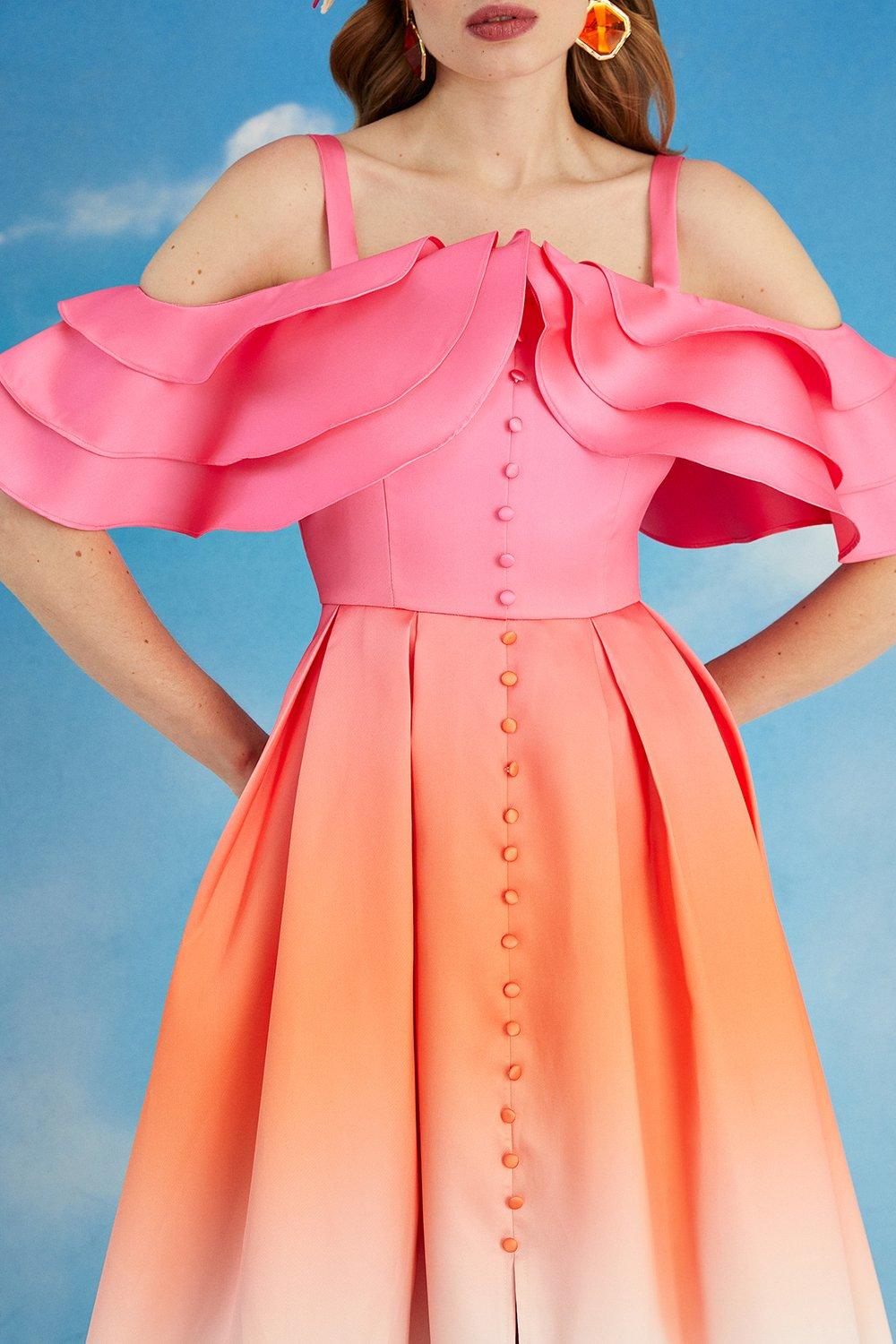 Ruffle Sleeve Ombre Midi Dress - Pink