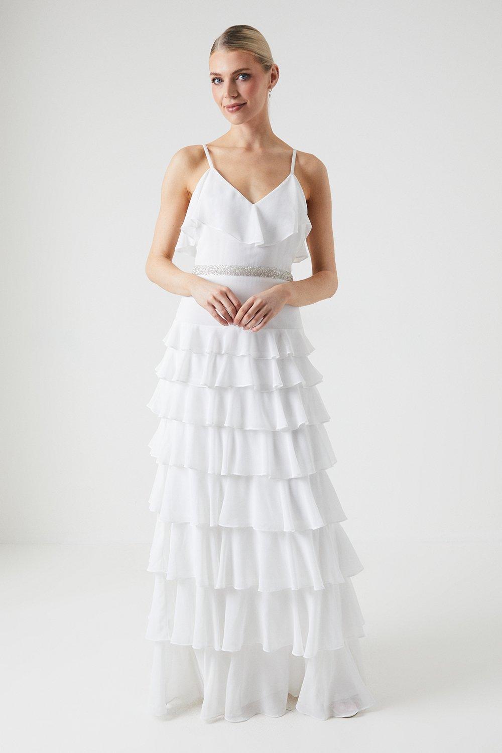 Tiered Cami Chiffon Wedding Dress With Gem Belt - Ivory