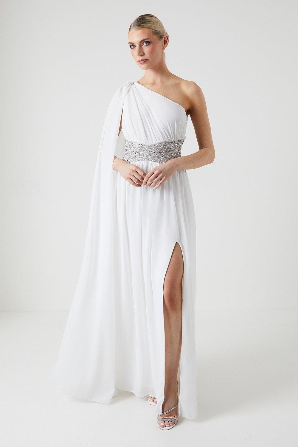 Chiffon Cape Sleeve Wedding Dress With Beaded Waistband - Ivory