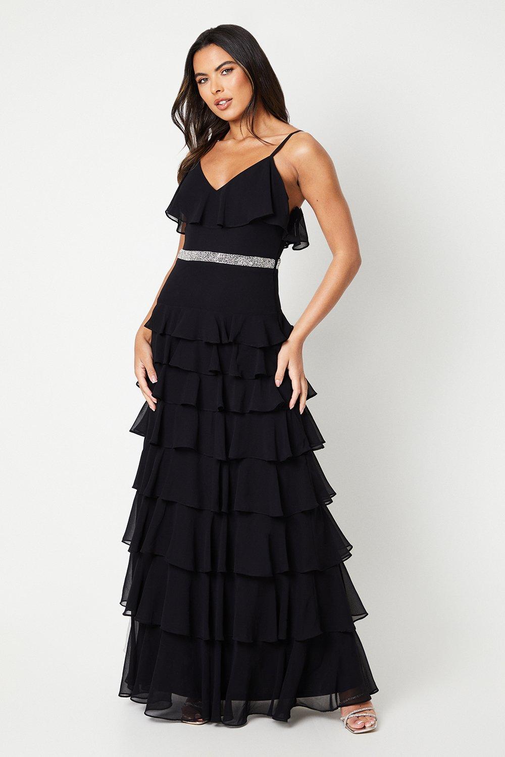 Tiered Cami Chiffon Gown With Belt - Black