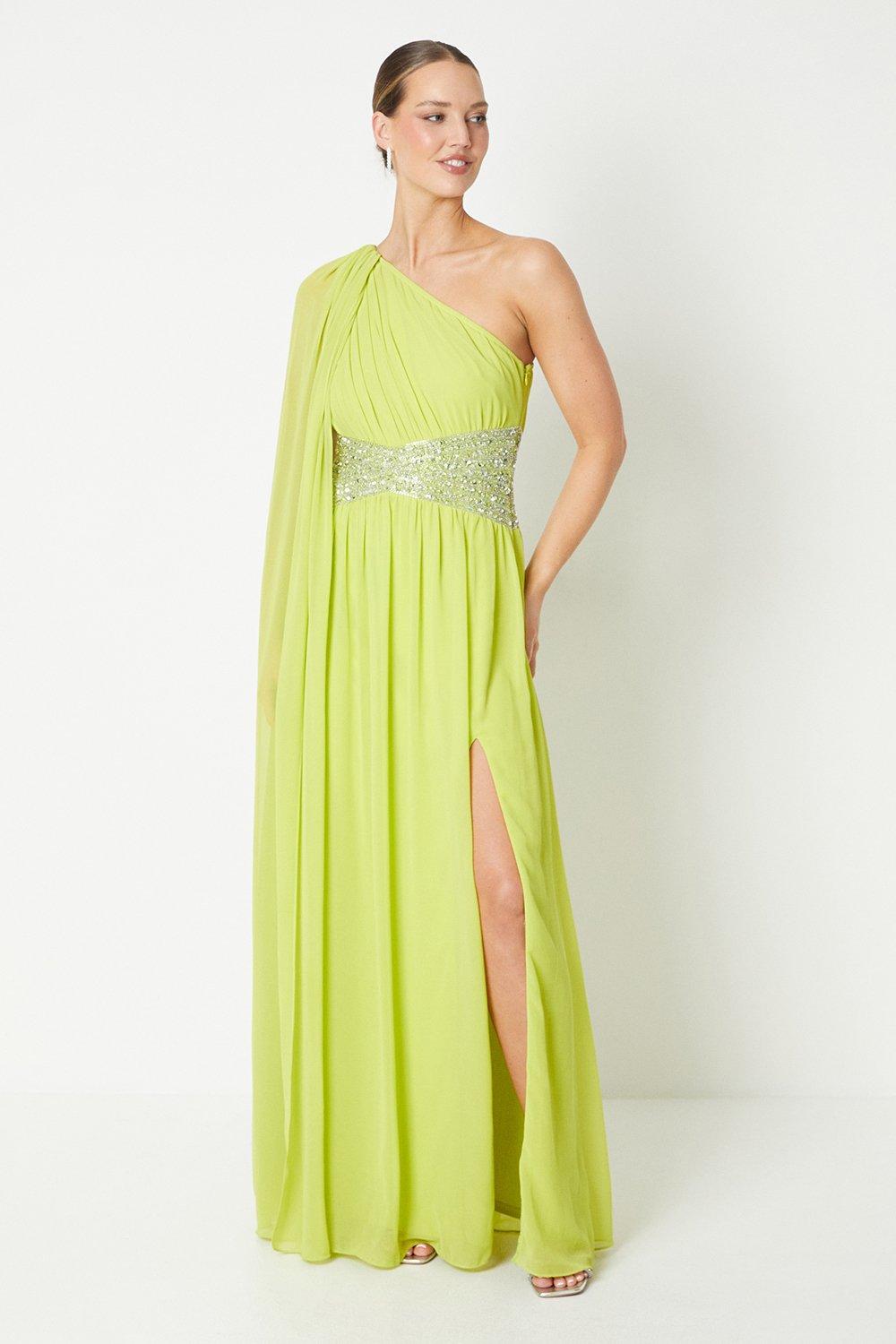 Chiffon Cape Sleeve Gown With Beaded Waistband - Black Tie - Green