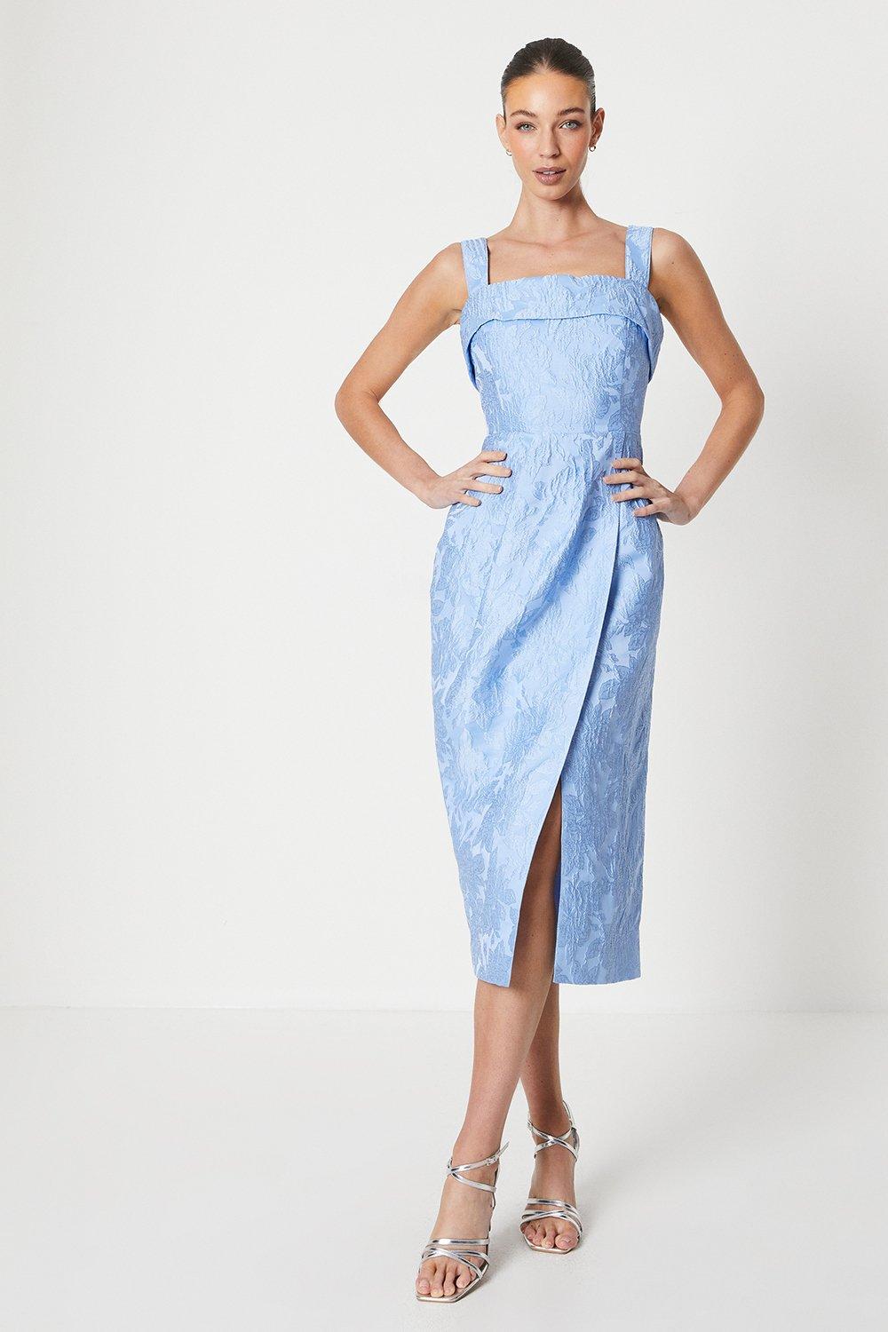 Fold Detail Wrap Skirt Jacquard Dress - Blue