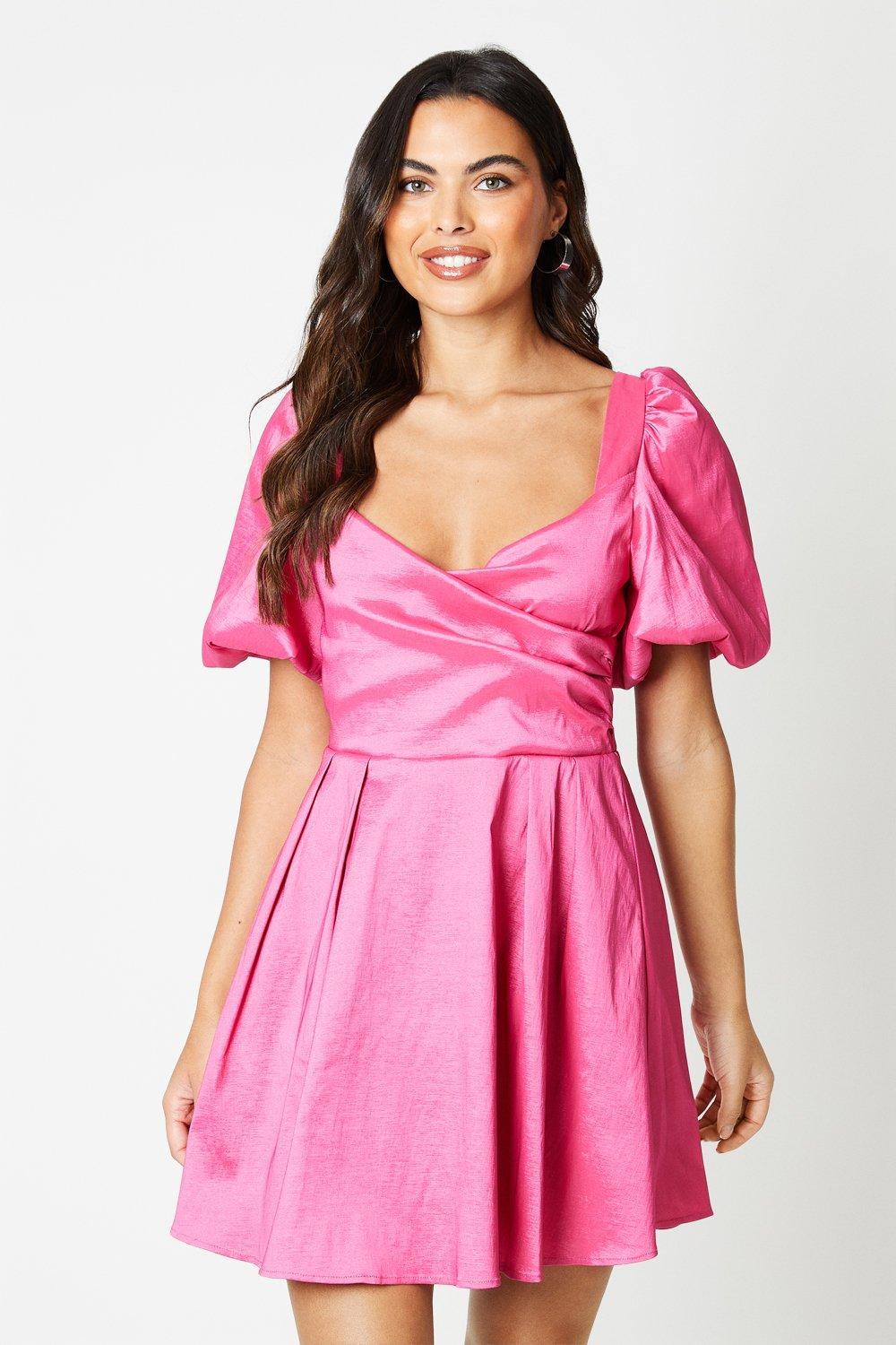 Taffeta Bow Back Puff Sleeve Mini Dress - Pink
