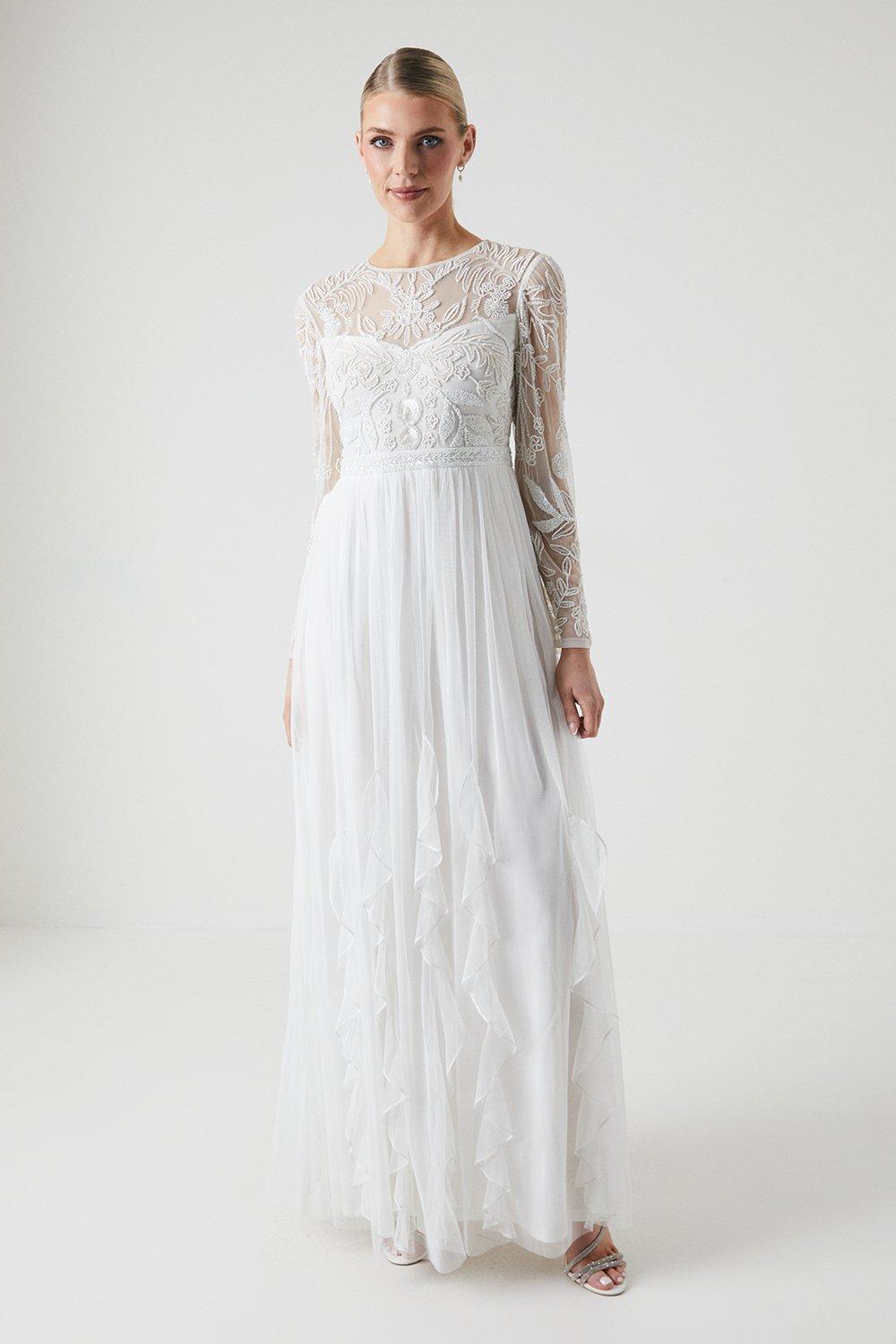 Ruffle Mesh And Embellished Wedding Dress - Ivory